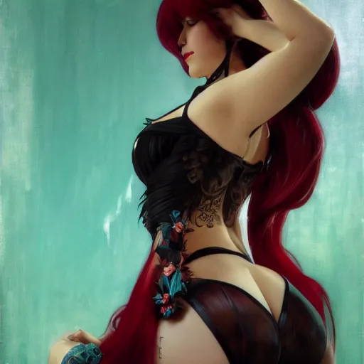 Image similar to a beautiful portrait of hatsune miku with long black and deep red colored hair dressed as a 1 9 6 0 s go - go dancer, intricate, elegant, highly detailed, digital painting, artstation, concept art, matte, sharp focus, illustration, art by greg rutkowski and alphonse mucha