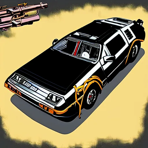 Image similar to a rusty delorean in the style of madd maxx with attached weapons