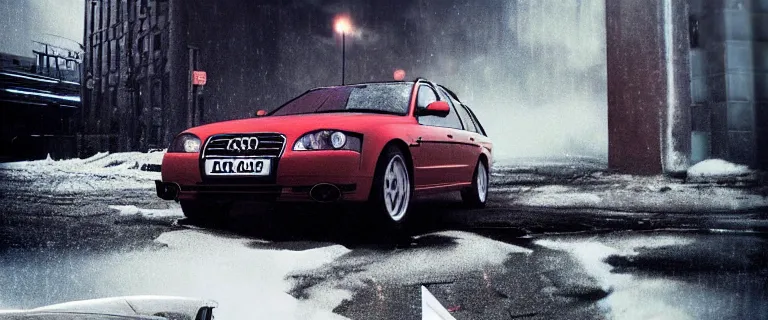 Image similar to Audi A4 B6 Avant (2002), eldritch horror anomaly, a gritty neo-noir, dramatic lighting, cinematic, eerie person, death, homicide, homicide in the snow, gunshots, establishing shot, extremely high detail, photorealistic, red fog, chaos, arson, burning city, cinematic lighting, artstation, by simon stalenhag, Max Payne (PC) (2001) winter New York at night, In the style of Max Payne 1 graphic novel, flashing lights, Poets of the Fall - Late Goodbye