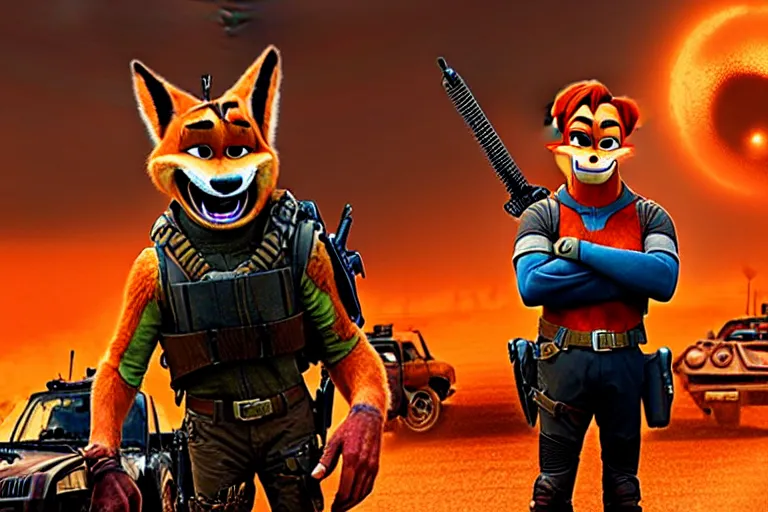 Image similar to nick wilde, heavily armed and armored facing down armageddon in a dark and gritty reboot from the makers of mad max : fury road : witness me