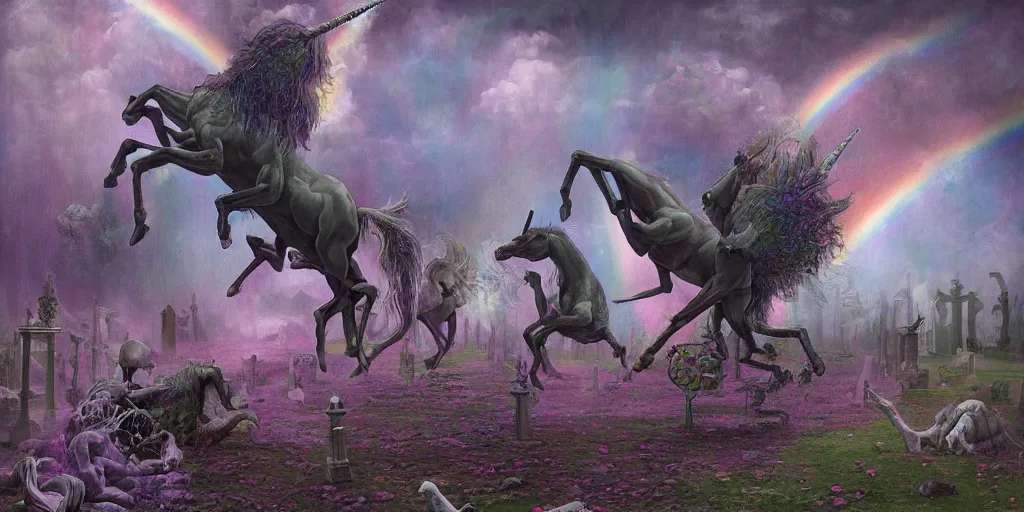 Image similar to A beautiful detailed mate painting Unicorns dancing under a rainbow on a graveyard' by Wayne Barlowe, existential horror, Trending on cgsociety artstation, highly detailed, 8k, masterpiece, in the style of DiscoDiffusion.