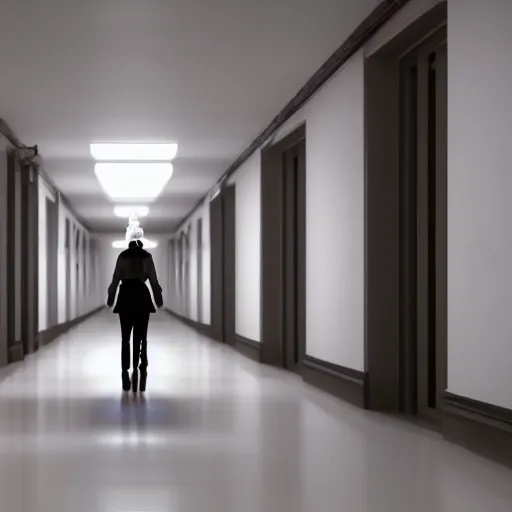 Image similar to long dark corridor with purple lights illuminating the reflective, tile floors, with a woman in a plain, white mask, and wielding a crowbar, standing at the end of the corridor. high quality, unreal engine 5 render, high quality render, octane render, photo realistic, ultra detail, cinematic lighting, realistic, reflective, rtx