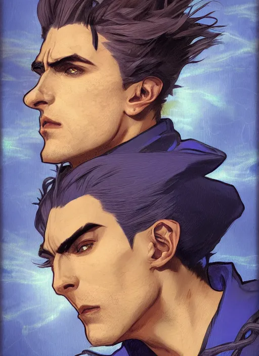 Image similar to Jotaru Joestar from Jojo Bizzare Adventure in royal blue suit, sigma male, accurately portrayed, portrait art by alphonse mucha and greg rutkowski, highly detailed, digital painting, concept art, illustration, dim lighting with twilight rays of sunlight, trending on artstation, very detailed, smooth, sharp focus, octane render, close up