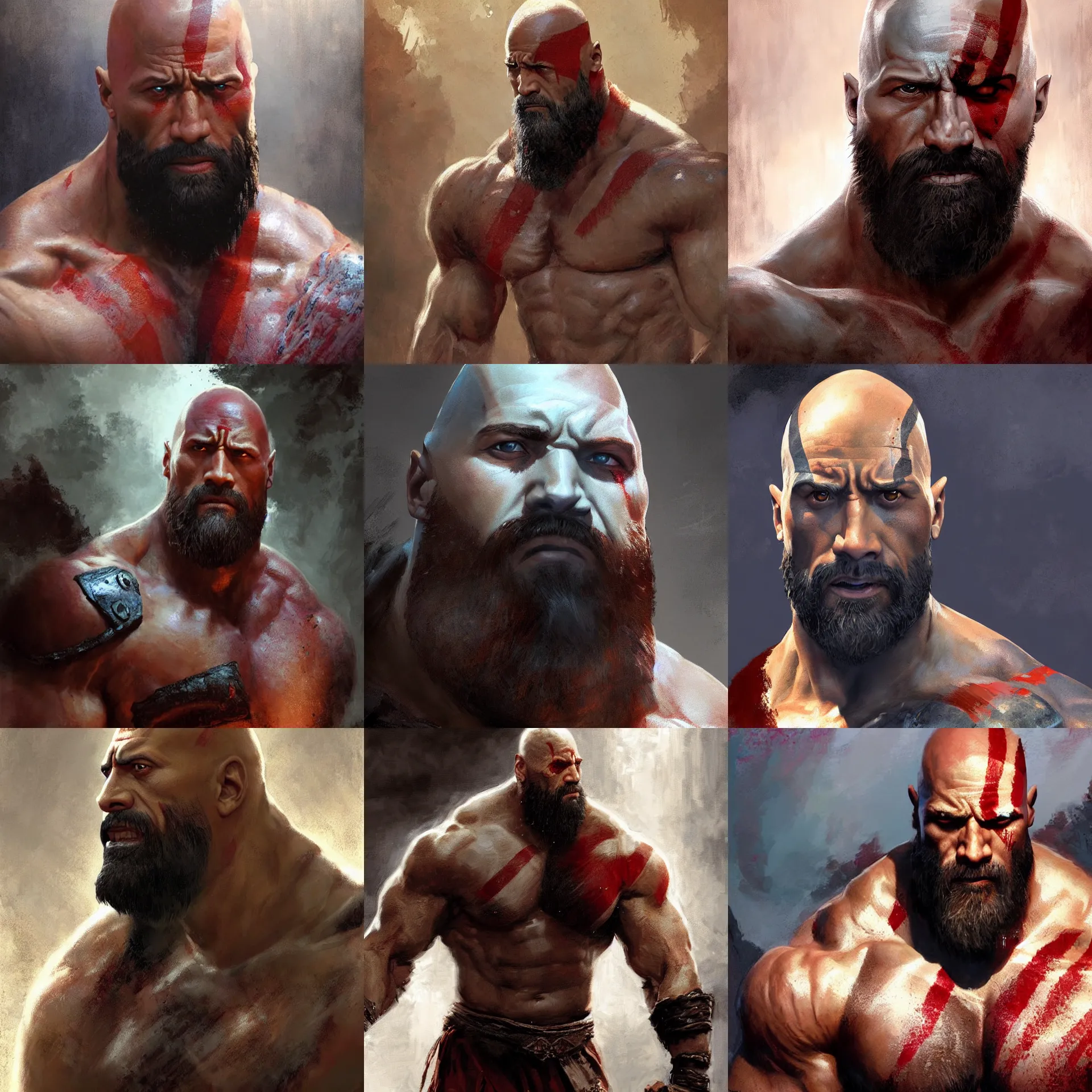 Prompt: digital art painting of bearded dwayne johnson as kratos painted by craig mullins and gaston bussiere and greg rutkowski, dramatic lighting, symmetrical facial features, symmetrical face, defined facial features
