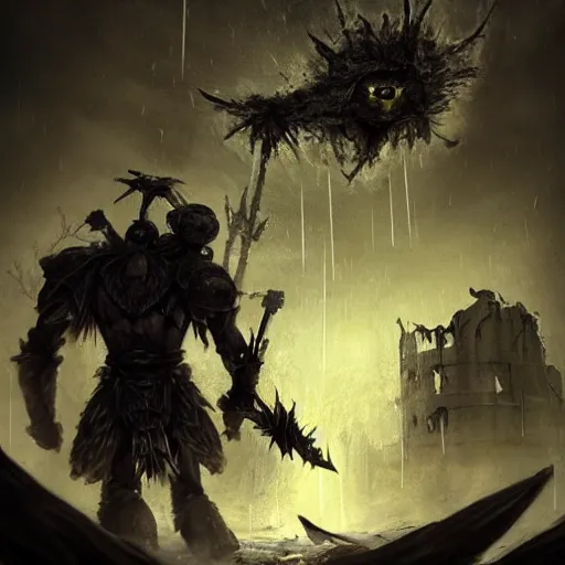 Prompt: Photo of a futile human approaching a giant sentinel king wielding a mythical blade in abandoned ruins, terror, flying bloody arrows raining down, hysterical, horrifying, digital art, destruction, the void, ominous, crown, fear, fear-mongering, very detailed, evil, trending on artstation, intricate details, high definition, 16k, Artstation, by John Wallin Libert, Dark Souls, Elden Ring