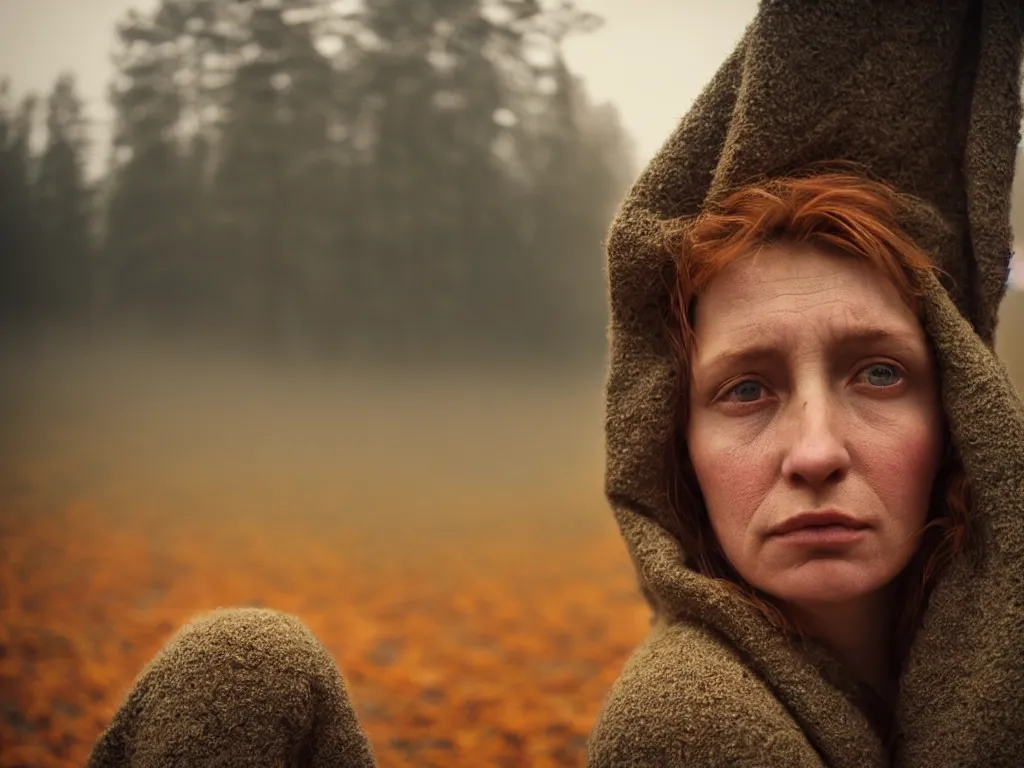 Image similar to close up portrait bust of woman, next to wood fence, tired expression, faded color film, russian cinema, tarkovsky, technicolor, heavy forest, wood cabin in distance, shallow depth of field, long brown hair, old clothing, heavy fog, atmospheric haze, brown color palette, sunset, low light, hudson river school, 4 k, dramatic lighting