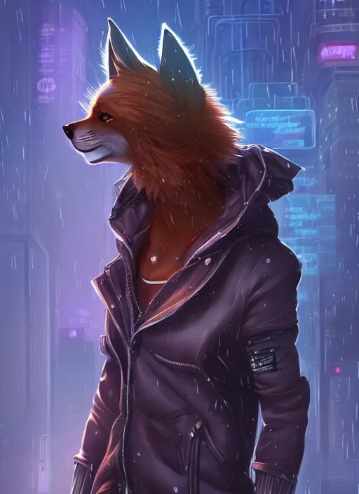 Image similar to award winning beautiful portrait commission of a male furry anthro melanated fox fursona with a tail and a cute beautiful attractive detailed furry face wearing stylish cyberpunk clothes in a cyberpunk city at night while it rains. Character design by charlie bowater, ross tran, artgerm, and makoto shinkai, detailed, inked, western comic book art