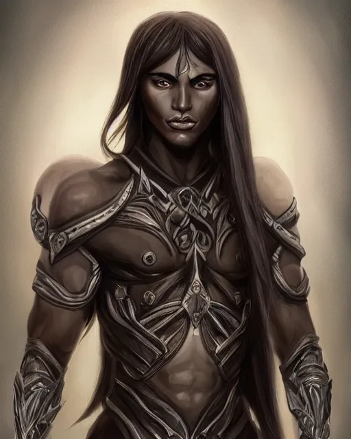 Image similar to portrait of a feminine male dark elf, dark obsidian skin, long hair, fantasy, feminine, elegant, intricate, highly detailed, digital painting, artstation, concept art, sharp focus, illustration