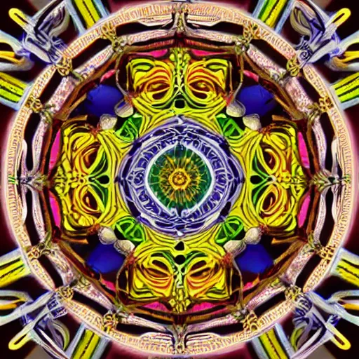 Prompt: A detailed mandala with symmetrical patterns, creating a hypnotic effect, digital painting, pixiv, concept art, 3d, by Simon Cowell, Ricardo Ow and Tom Cross