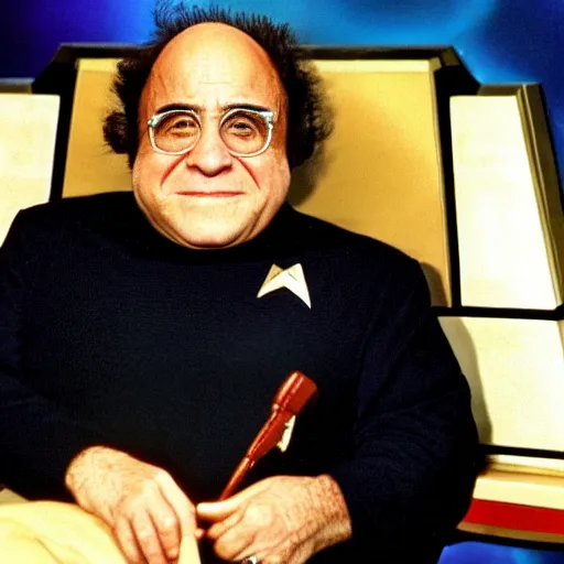 Image similar to captain danny devito sitting in the captains chair of the USS Enterprise, Star trek, still, star trek the next generation