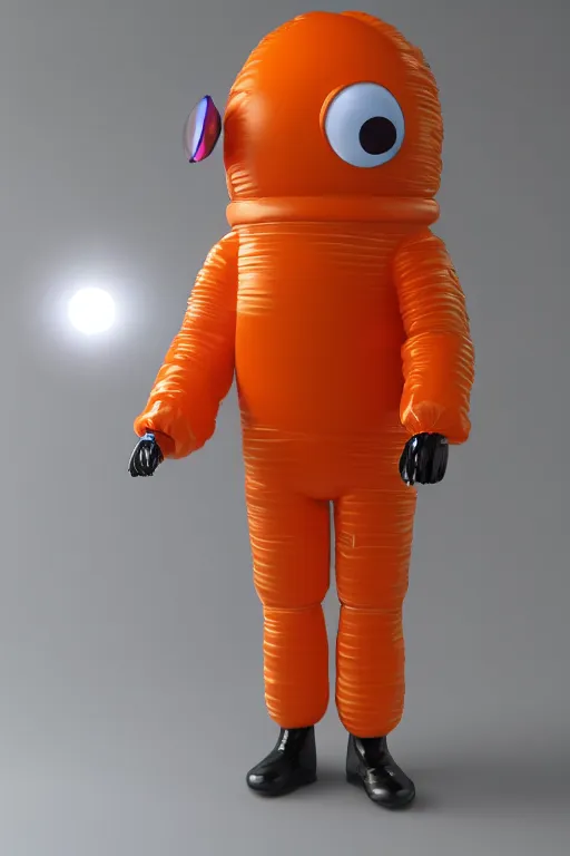 Prompt: still figurine of a tall giant inflated space man action figure wearing over sized orange puffy bomber jacket, googly eyes, tareme eyes, tube head, personification, dynamic pose, detailed product photo, tone mapped, beautiful composition, 8 5 mm, f 5. 8, soft lighting