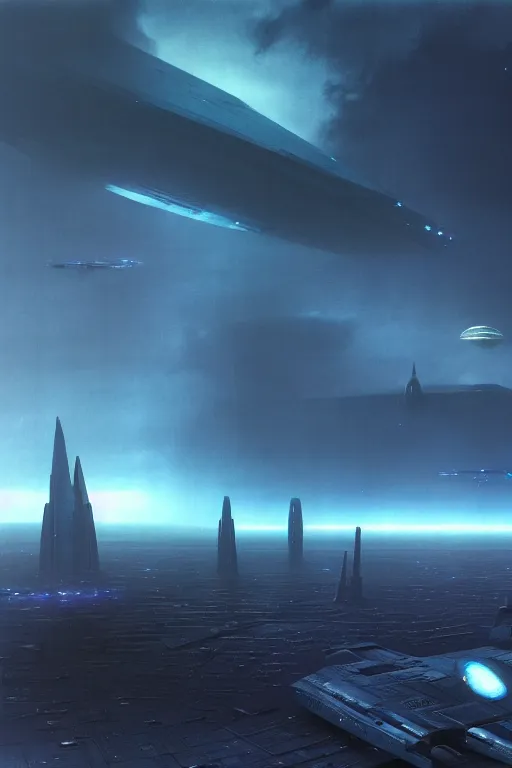 Image similar to emissary space of infinite galaxies and futuristic ground level, sci - fi star wars megacity with dramatic lighting and dramatic sky, 4 k, cinematic cinematography by arthur haas and bruce pennington and john schoenherr, cinematic matte painting, zaha hadid building, photo realism, dark moody color palate, blue hour stars, desolate glacial landscape,