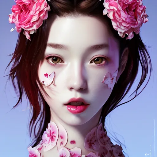 Prompt: the face of absurdly beautiful, graceful, elegant, sophisticated, sensual teen gravure idol made of cherries and white pink petals with tears, an ultrafine hyperrealistic illustration by kim jung gi, irakli nadar, intricate linework, bright colors, octopath traveler, final fantasy, unreal engine highly rendered, global illumination, radiant light, intricate environment