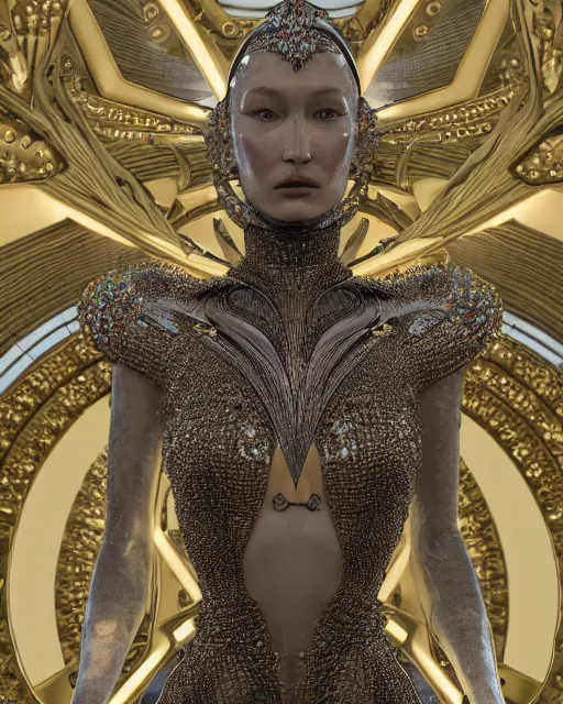 Prompt: a highly detailed metahuman 4 k close up render of an alien goddess bella hadid monument gothic in iris van herpen dress schiaparelli in diamonds crystals swarovski and jewelry iridescent in style of alphonse mucha gustav klimt trending on artstation made in unreal engine 4