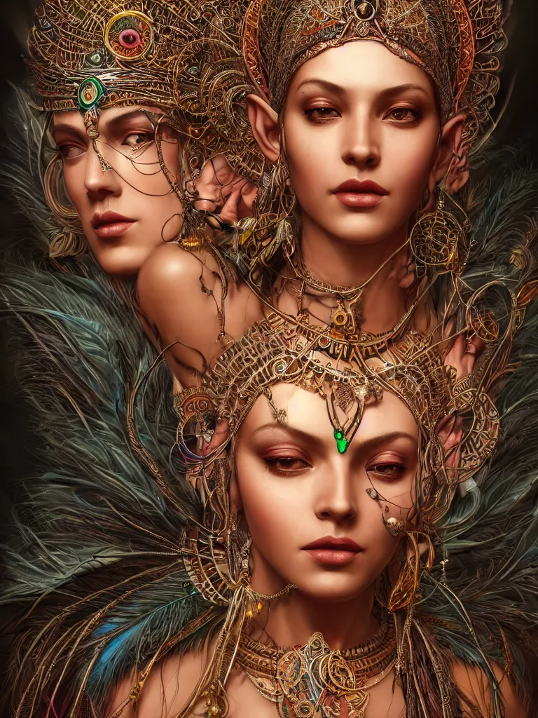 Image similar to a centered render of a single alluring mystical tribal goddess adorned with feathers and gemstones and cables and synthesizer parts is surrounded by sacred geometry made from elven architecture, full body, gorgeous, perfect face, powerful, cinematic, beautifully lit, by artgerm, by karol bak, 3 d, trending on artstation, octane render, 8 k