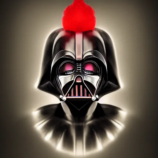 Image similar to photograph of clown darth vader hybrid, symmetrical front face portrait, by jean - baptiste monge, high quality, high resolution, 4 k, octane realphoto, raytrace, intricate, hyper detailed, hatd light studio lighting, dark background