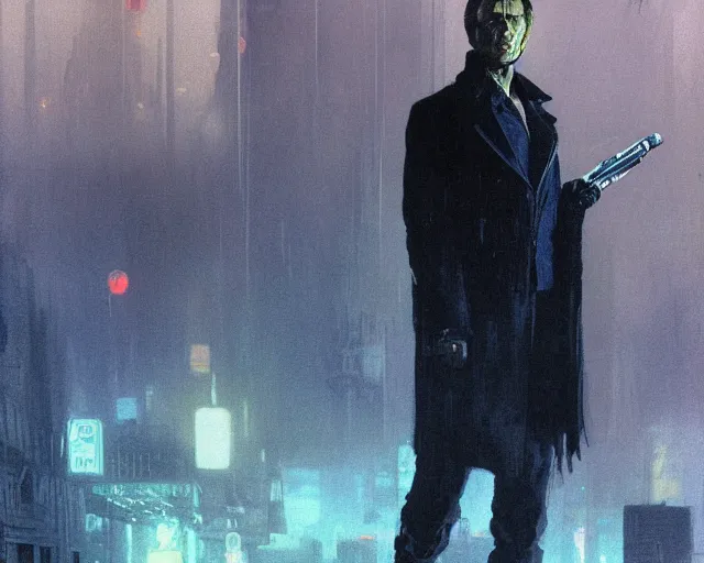 Image similar to 1 9 7 0 blade runner movie young man young clint eastwood western look at the cityscape from roof perfect face fine realistic face pretty face reflective polymer suit tight neon puffy jacket blue futuristic sci - fi elegant by denis villeneuve tom anders zorn hans dragan bibin thoma greg rutkowski ismail inceoglu illustrated sand storm alphonse mucha