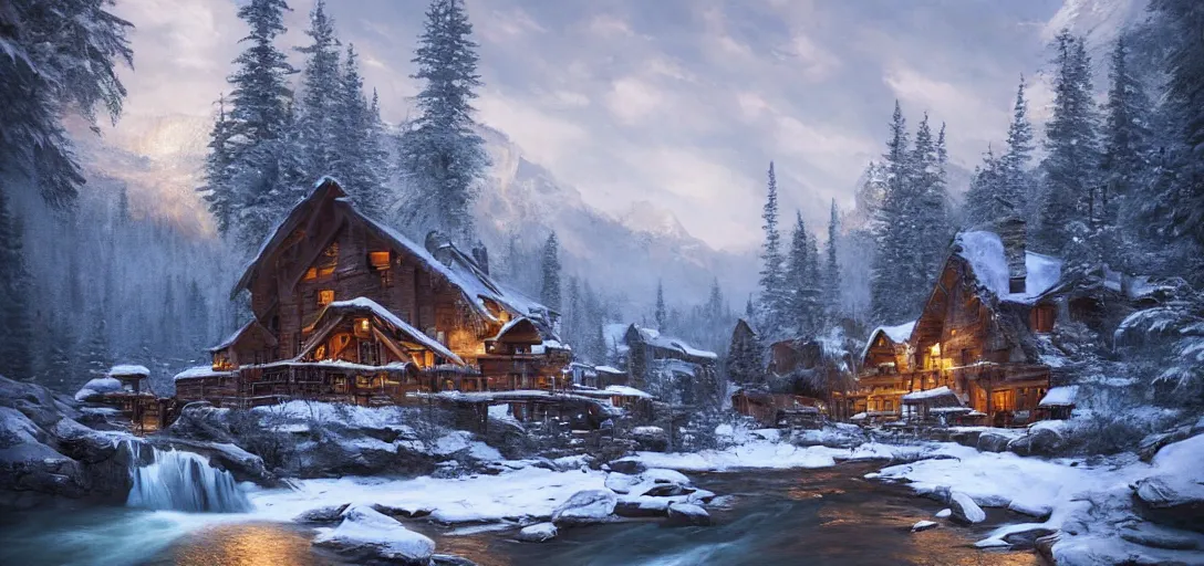 Image similar to cozy lodge beside a river stream in the canadian wilderness in winter, dramatic lighting, cinematic, establishing shot, extremely high detail, photo realistic, cinematic lighting, post processed, concept art, artstation, matte painting, style by eddie mendoza, raphael lacoste, alex ross