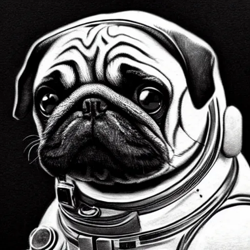 Image similar to pencil art, golden - ratio, spirals, highly detailed, astronaut pug in outer space by davinci.