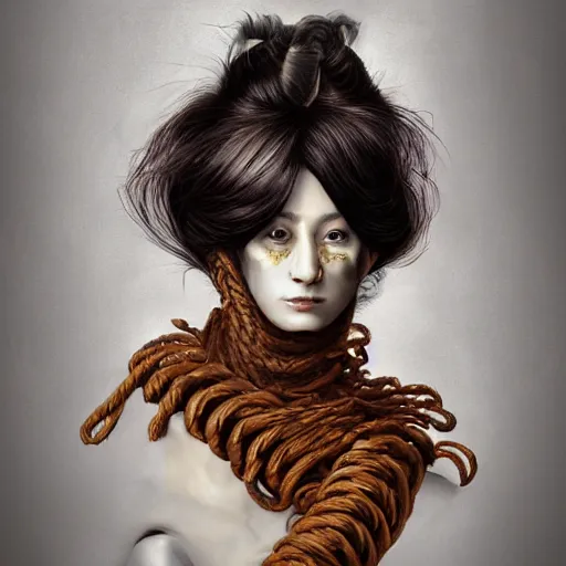 Image similar to portrait of a Shibari rope wrapped face and neck, headshot, insanely nice professional hair style, dramatic hair color, digital painting, of a old 15th century, old cyborg merchant, amber jewels, baroque, ornate clothing, scifi, realistic, hyperdetailed, chiaroscuro, concept art, art by Franz Hals and Jon Foster and Ayami Kojima and Amano and Karol Bak,