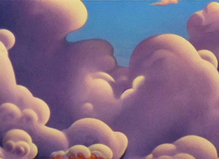 Prompt: soft pleasing - palette friendly colossal monster, close - up, pleasing palette, undulating nebulous clouds, adorable, friendly, dyllic cumulonimbus still from fantasia pastel from fantasia ( 1 9 4 1 )