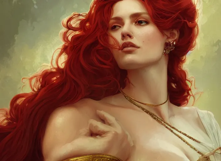 Prompt: A gorgeous Roman Goddess with long flowing red hair, fantasy, intricate, elegant, highly detailed, D&D, digital painting, artstation, concept art, matte painting, sharp focus, illustration, in the style of Greg Rutkowski and Alphonse Mucha and artemisia gentileschi