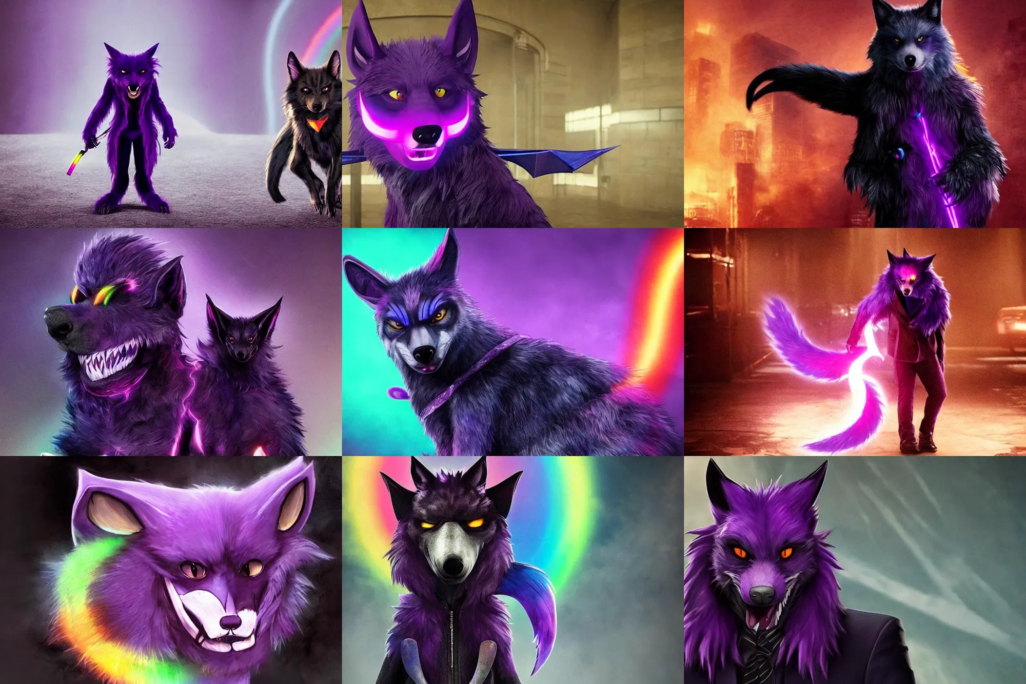 Prompt: ( with a glowing rainbow tail, wearing an eyepatch ) a purple wolfbat fursona ( from the furry fandom ), as a photo from the john wick movie series
