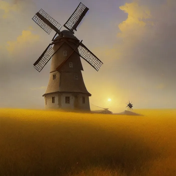 Prompt: a beautiful painting of a windmill in a golden wheat field by ivan aivazovsky and greg rutkowski and rhads, in style of digital art. hyper detailed, sharp focus, soft light. octane render. ray tracing. trending on artstation