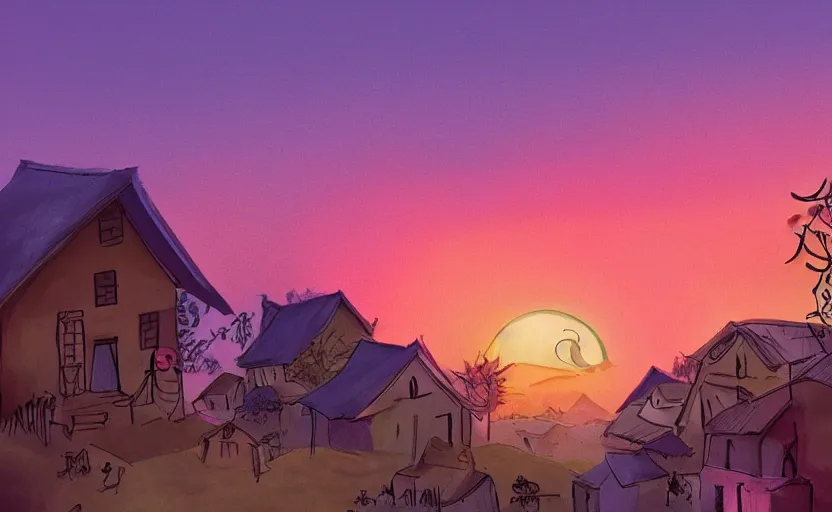 Prompt: village, houses with faces, sunset atmosphere, pink, low contrast, light, naive, detailed, cinematic, drawing, game