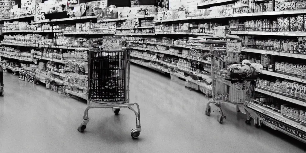 Image similar to elderly goblin women in abandoned grocery store aisle rushes towards you after you tell her no worries, 50mm film, flash photography, blurry, shaky