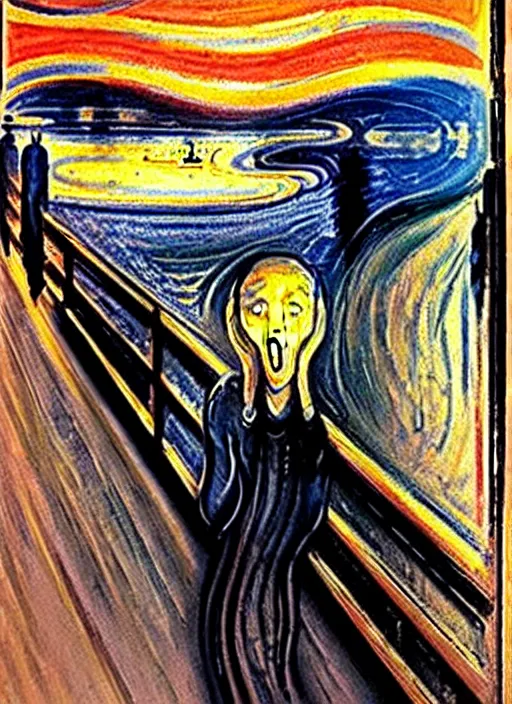 Image similar to oil painting of The Scream taking a seflie with an iPhone by Edvard Munch