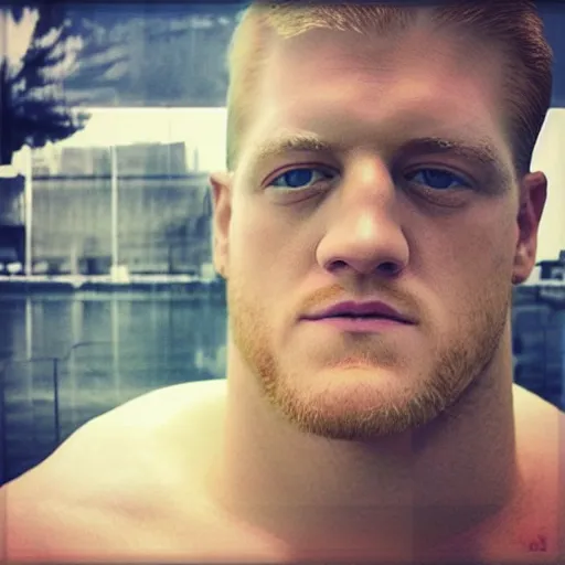 Image similar to “a realistic detailed photo of a guy who is an attractive humanoid who is half robot and half humanoid, who is a male android, football player JJ Watt, shiny skin, posing like a statue, blank stare”