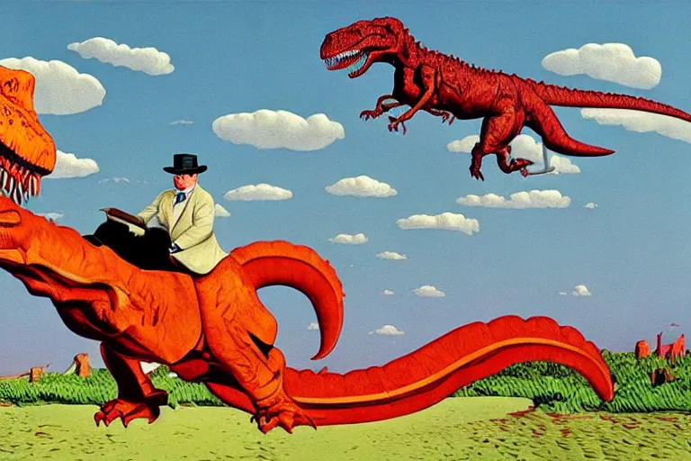 Prompt: Winston Churchill riding a T-Rex, painting by Jean Giraud and René Magritte and Gary Panter, claymation in octane