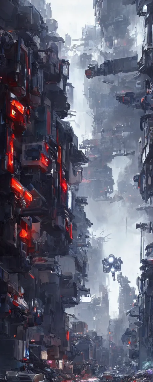 Image similar to a robotic mecha police on a slums downtown street, concept art, artstation, futuristic, matte painting, hyper realistic, art by feng zhu, cinematic