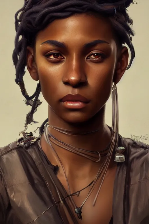 Image similar to photorealistic portrait of a young butch solarpunk black woman, handsome, female, masculine, upper body, fantasy, fierce, sharp features, intricate, elegant, highly detailed, digital painting, artstation, concept art, matte, sharp focus, illustration, art by artgerm and greg rutkowski and alphonse mucha