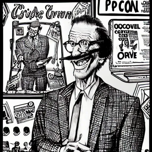 Image similar to The Artwork of R. Crumb and his Cheap Suit Orville Redenbacher tells you to eat his popcorn, pencil and colored marker artwork, trailer-trash lifestyle