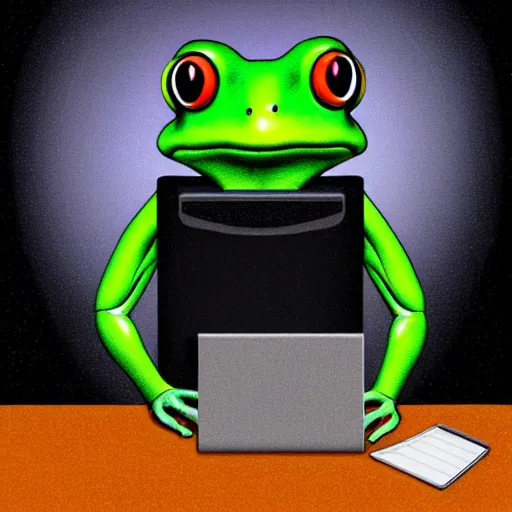 Image similar to sad humanoid frog holding his head in front of a computer screen in a dingy dark room at night. digital art.