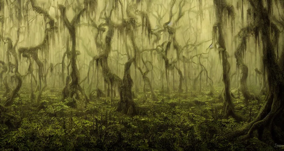 Image similar to A dense and dark enchanted forest with a swamp, by Steve Argyle