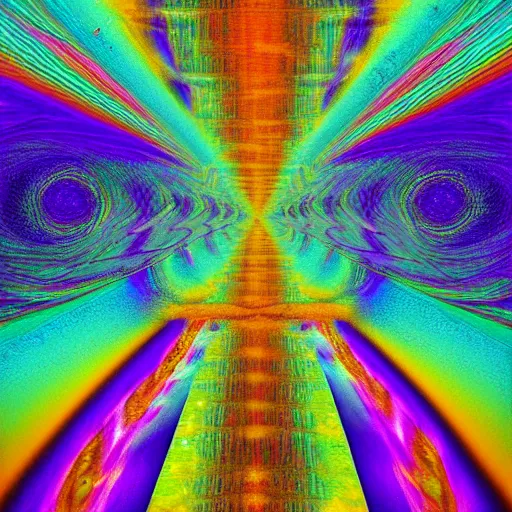 Image similar to dilated pupil cosmic metaverse, a path to the high montains, consciousness rising, glitch art, poster art