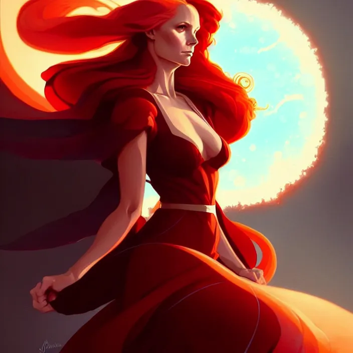 Image similar to style artgerm, joshua middleton, peter mohrbacher, beautiful kristen bell with dark red dress, very long orange hair, symmetrical face, symmetrical eyes, fire powers fire swirling, detailed, volcano setting, cinematic lighting