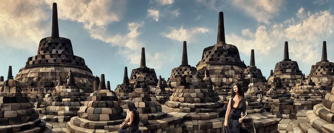 Prompt: most epic dramatic borobudur temple picture. epic cinematic hyperrealism masterpiece. realistic poster with shaded lighting by craig mallismo, artgerm, jeremy lipkin and michael garmash, unreal engine, radiant light, detailed and complex environment, digital art, art station trends