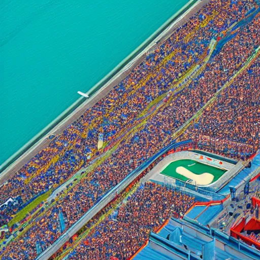 Image similar to f 1 racetrack over pools of bright blue water, birds eye view