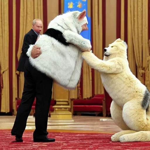 Image similar to Vladimir Putin swearing fealty to a council of furries