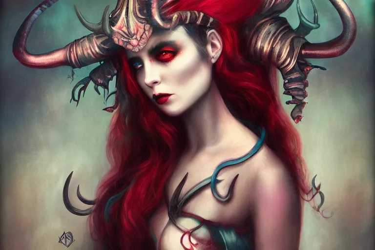 Image similar to pretty demon girl with horns photograph in the style of tom bagshaw, colorful, realistic, 8 k