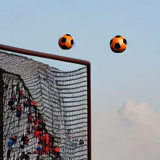 Prompt: a tower of soccer balls one on top of each other reaching the sky.