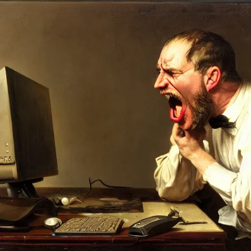 Image similar to an angry man yells at his computer monitor, oil on canvas, 1 8 8 3, highly detailed, high resolution