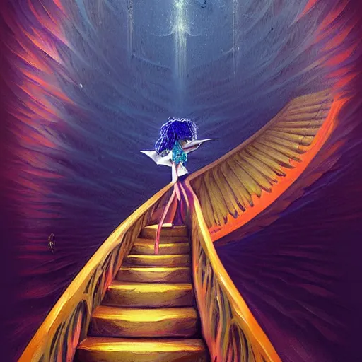 Prompt: a painting of a woman walking down a staircase, a surrealist painting by cyril rolando, cgsociety, psychedelic art, lovecraftian, surrealist, 3 d