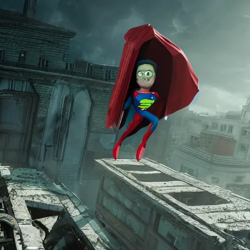 Image similar to pickle rick as superman! flying in ( gears of war ), splash art, movie still, detailed face, photo realistic facial features, cinematic lighting, dramatic, octane render, long lens, shallow depth of field, bokeh, anamorphic lens flare, ( 8 k ), hyper detailed, 3 5 mm film grain