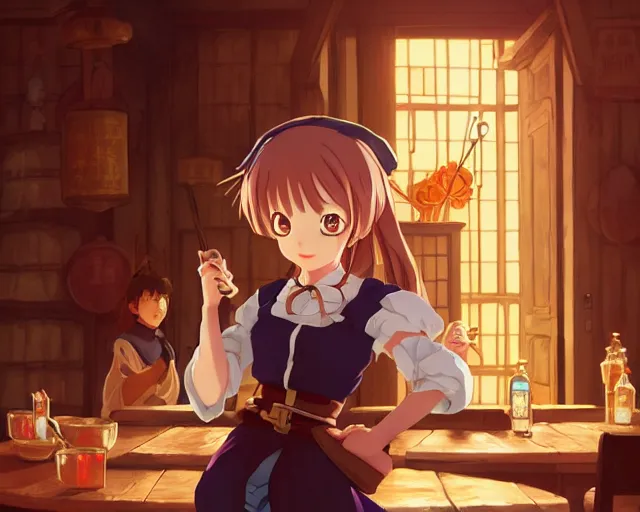 Image similar to anime visual, portrait of a young female traveler in a busy fantasy medieval tavern interior, cute face by yoh yoshinari, katsura masakazu, studio lighting, dynamic pose, dynamic perspective, strong silhouette, anime cels, ilya kuvshinov, cel shaded, crisp and sharp, rounded eyes