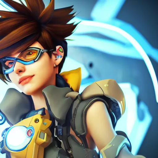 Prompt: portrait of tracer from overwatch, unreal engine 5, trending on art station